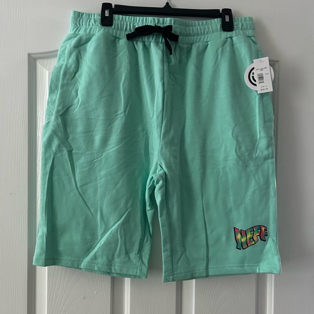 Mint Green NEFF Mens Shorts, brushed cotton, drawstring waist, Size L